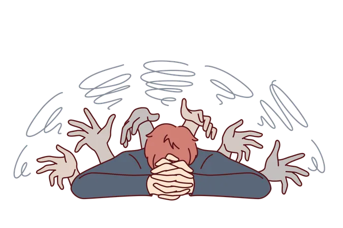 Nightmare man lying on table and seeing hallucinations with hands zombies and vampires  Illustration