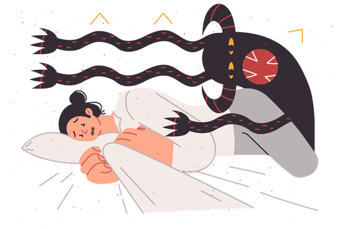 Nightmare of frightened woman lying in bed and feeling attack of multi-armed monster  Illustration