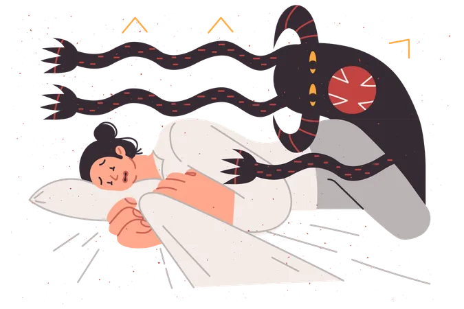 Nightmare of frightened woman lying in bed and feeling attack of multi-armed monster  イラスト