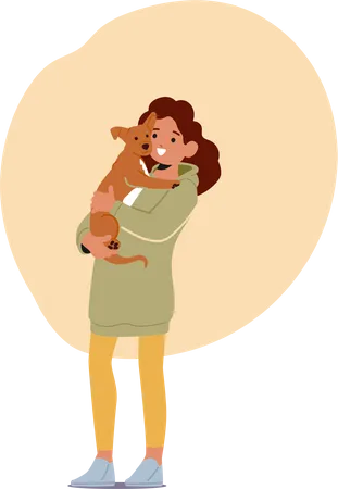 Chica abrazando perro mascota  Ilustración