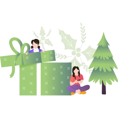 Niña abre regalos de Navidad  Ilustración