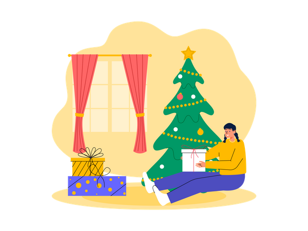 Niña abriendo regalo de navidad  Ilustración