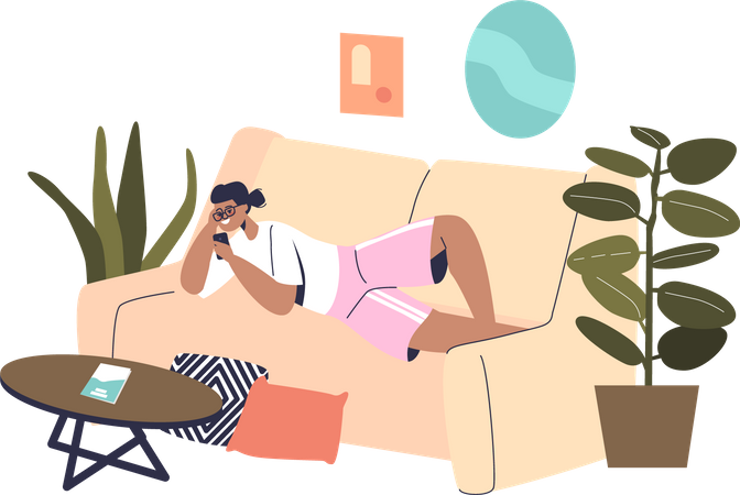 Chica recostada en el sofá en casa usando un dispositivo de teléfono inteligente para relajarse  Ilustración