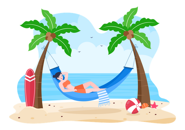 Chica tumbada en una hamaca y disfrutando de la playa  Ilustración