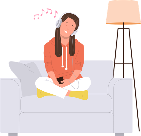 Niña adolescente perezosa escuchando música con auriculares descansando en el sofá de casa  Ilustración