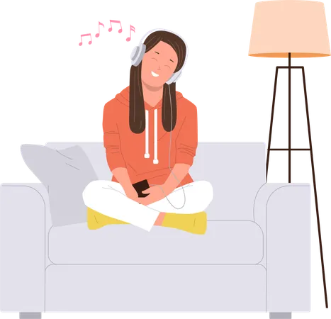 Niña adolescente perezosa escuchando música con auriculares descansando en el sofá de casa  Ilustración