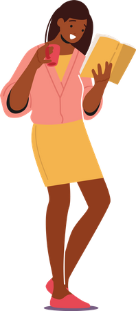 Niña africana leyendo un libro con café  Ilustración