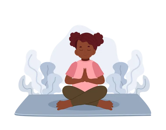 Niña africana meditando en postura de loto  Ilustración