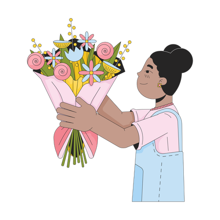 Niña afroamericana regalando flores  Ilustración