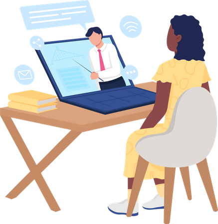 Niña afroamericana viendo un curso en línea sobre matemáticas  Ilustración