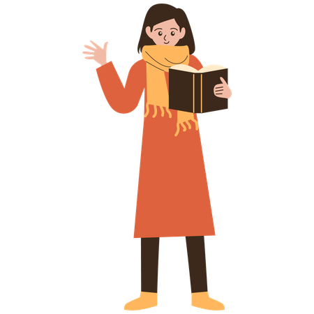 Chica agitando la mano mientras lee un libro  Ilustración