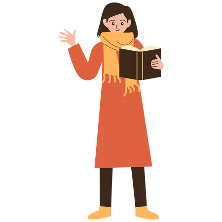 Chica agitando la mano mientras lee un libro  Ilustración