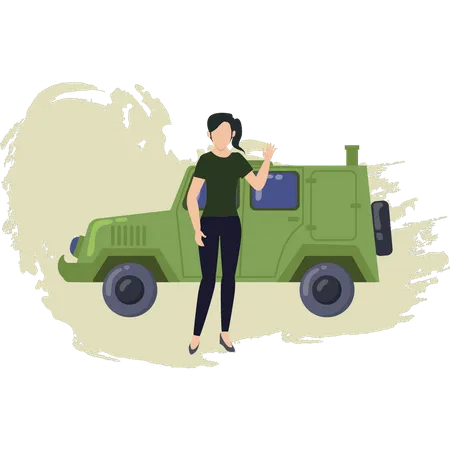 Chica saludando con la mano y parada cerca de un jeep militar  Ilustración