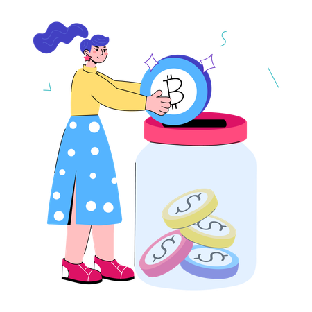 Chica ahorrando dinero en tarro de monedas  Ilustración
