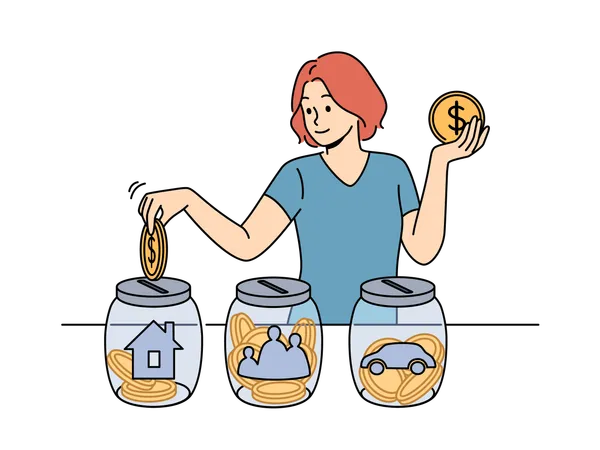 Chica ahorrando dinero para la casa de sus sueños  Ilustración