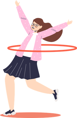 Chica alegre disfruta jugando con hula-hoop  Ilustración