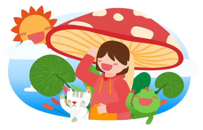 Niña alegre jugando con un gatito y una rana bajo un hongo grande  Ilustración