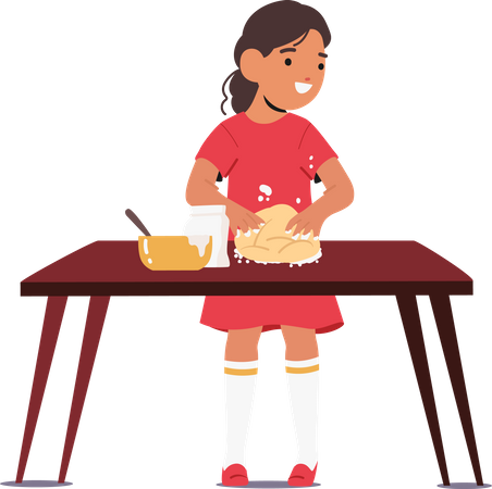 La niña amasa la masa con las manos  Ilustración