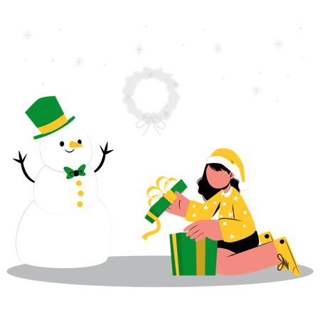 Niña abriendo regalo de Navidad cerca de muñeco de nieve  Ilustración