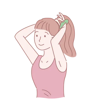 Chica aplicando banda para el cabello para apretar su cabello  Ilustración