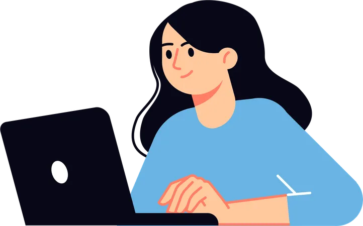 Niña aprendiendo digitalmente desde una computadora portátil  Ilustración