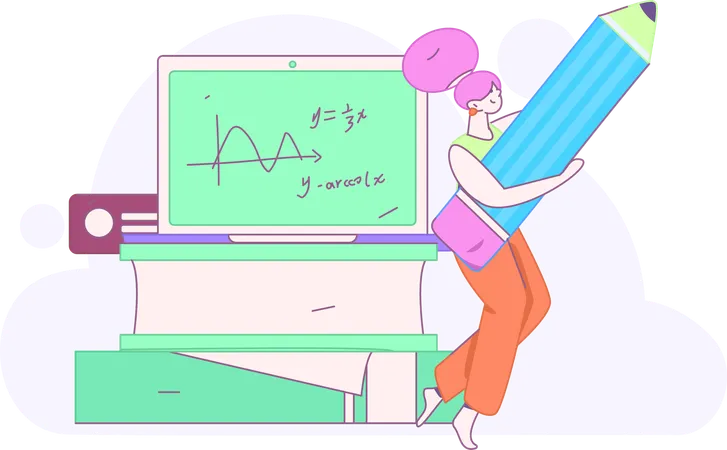 Niña aprendiendo fórmula matemática en clase de matemáticas  Ilustración