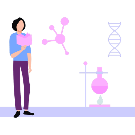 Niña aprendiendo química a través de experimentos en el laboratorio  Ilustración
