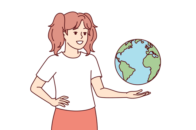 Niña aprendiendo sobre el planeta tierra.  Ilustración