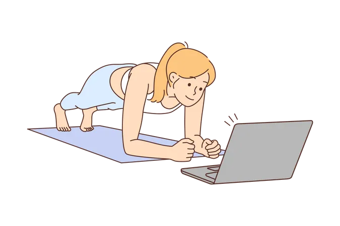 Niña aprendiendo yoga en línea  Ilustración