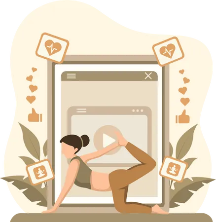 Niña aprendiendo yoga viendo video  Ilustración