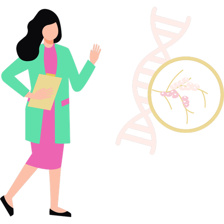 Chica apuntando a la hélice del ADN  Ilustración