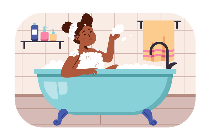 Niña africana tomando un baño  Ilustración