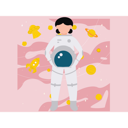 Chica astronauta sosteniendo computadora portátil  Ilustración