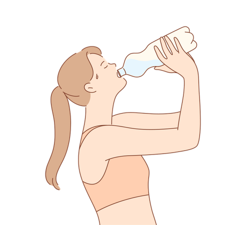 Chica atleta bebiendo agua para refrescarse después de correr.  Ilustración