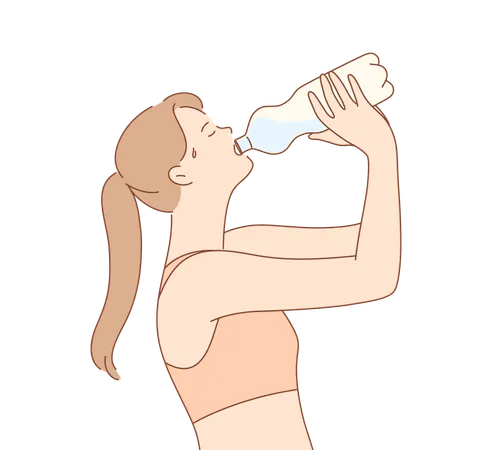 Chica atleta bebiendo agua para refrescarse después de correr.  Ilustración