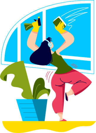 Chica bailando mientras lava ventanas  Ilustración