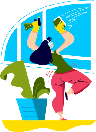 Chica bailando mientras lava ventanas  Ilustración