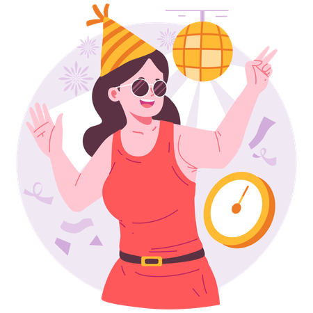 Chica bailando y celebrando el año nuevo.  Ilustración