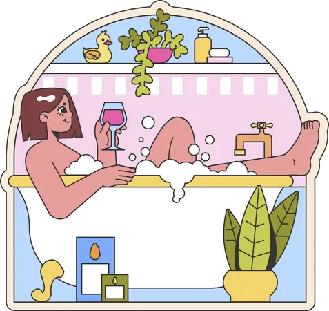 Chica tomando un baño en la bañera mientras bebe vino  Ilustración