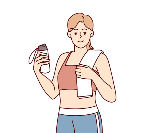 Chica bebiendo agua después del entrenamiento  Ilustración