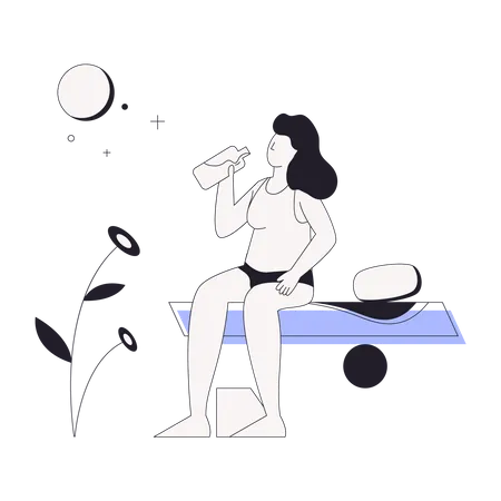 Chica bebiendo agua por la noche  Ilustración