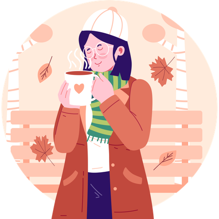 Niña tomando café en la temporada de otoño  Ilustración