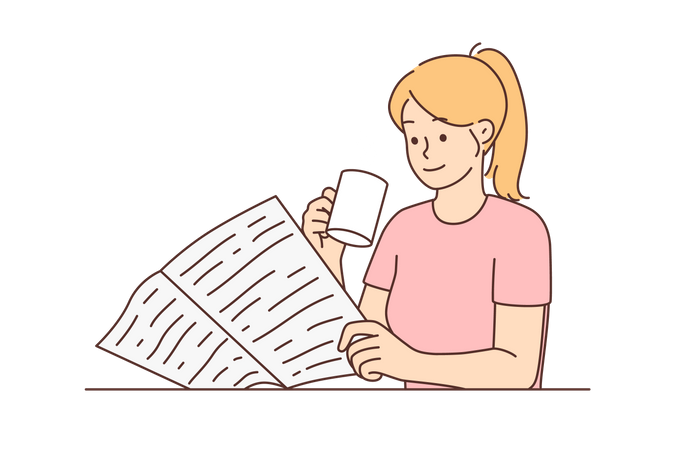 Chica tomando café mientras lee el periódico  Ilustración