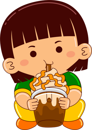 Chica bebiendo frappucino de caramelo helado  Ilustración