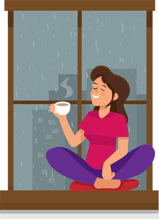 Niña bebiendo té cerca de la ventana mientras llueve afuera  Ilustración