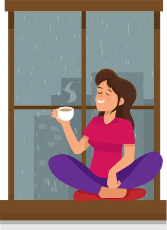 Niña bebiendo té cerca de la ventana mientras llueve afuera  Ilustración