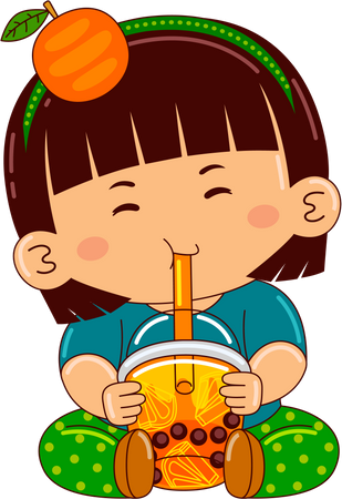 Chica bebiendo té de naranja con burbujas heladas  Ilustración