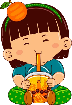 Chica bebiendo té de naranja con burbujas heladas  Ilustración