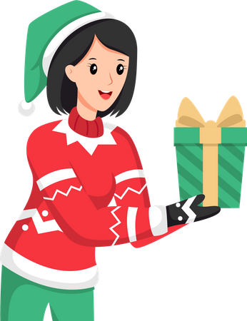 Chica guapa con regalo de Navidad  Ilustración