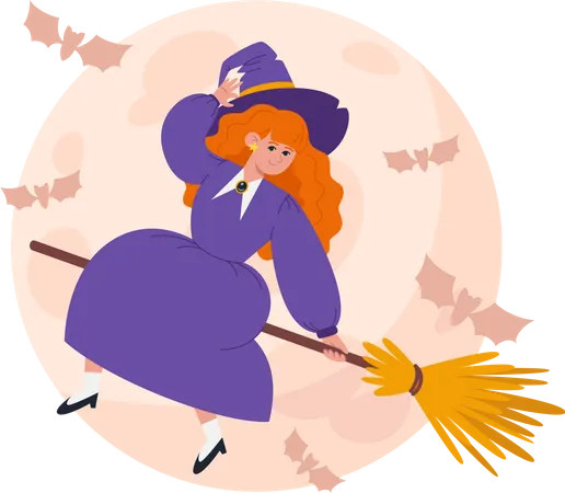 Bruja con vestido morado y sombrero vuela en una escoba de bruja  Ilustración